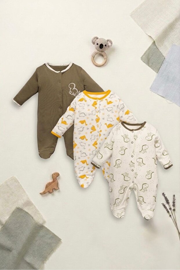 100% Cotton Unisex Baby 3-Piece Booties and Rompers Set with Dino Pattern