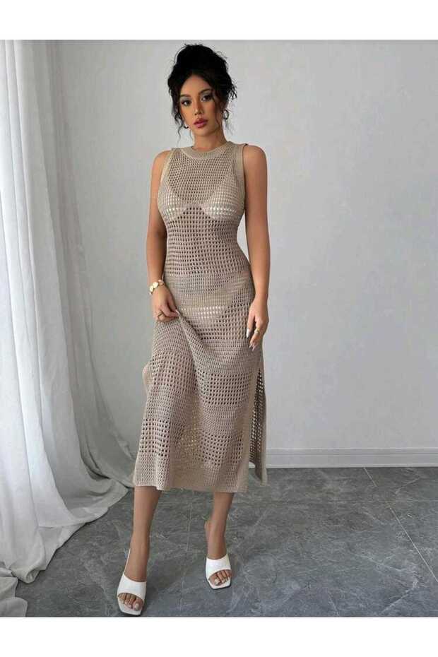 Openwork Backless Crew Neckline Slit Detailed Long 100% Cotton Pareo-Beach Dress