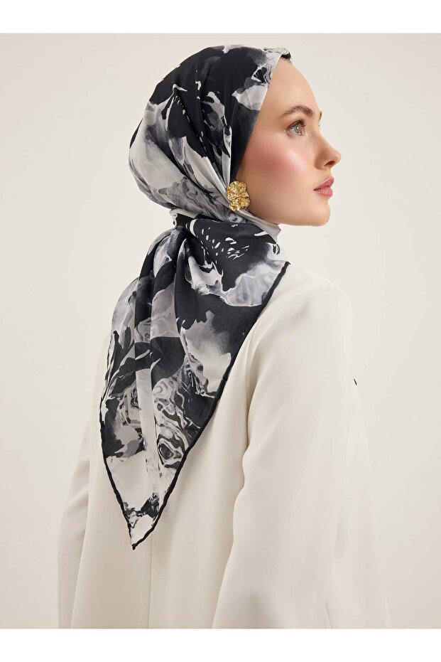 Gray Floral Patterned Soft Scarf - - 5