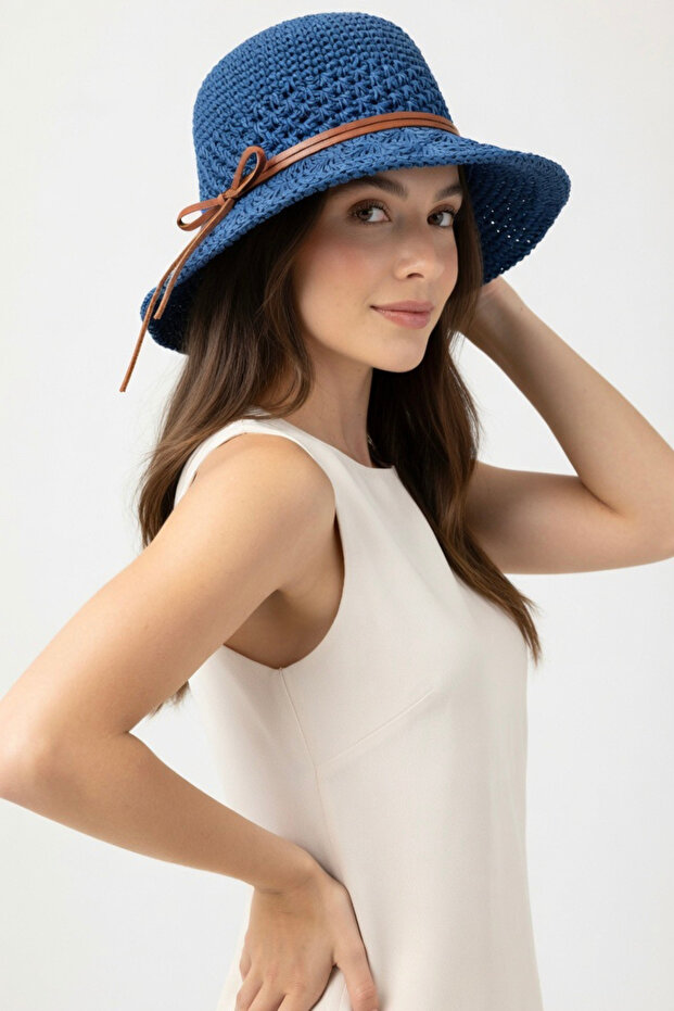 Women's Lace Blue Hand Knitted Tan Laced Straw Bucket | Summer Sun Protection Beach Hat