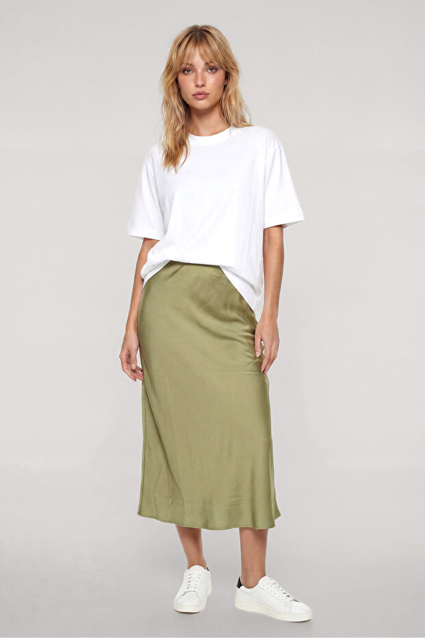Women's Regular Cut Pleated Satin Midi Length Khaki Skirt