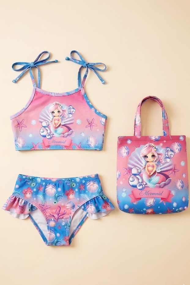Girl's 3-Piece Swimsuit Set with Bag (Bag+Swimsuit+Bikini) 3-10 Years 12648N
