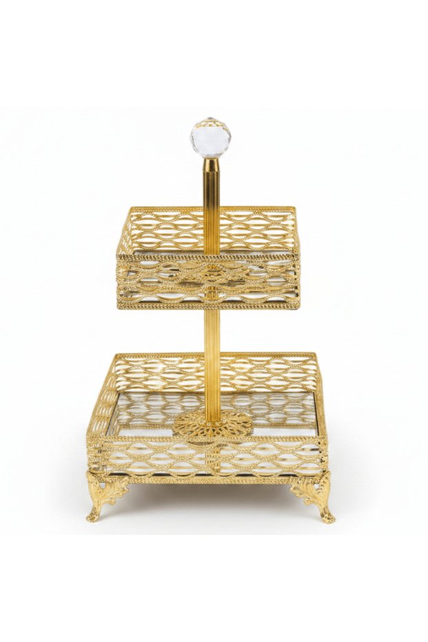 2-Tier Square Glass Fruit Stand with Gold Metal Frame – Elegant Serving Tray for Fruits, Desserts & Pastries