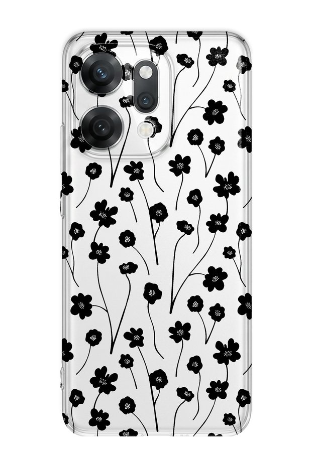 Oppo Reno 14 Compatible Black Floral Pattern Transparent Phone Case