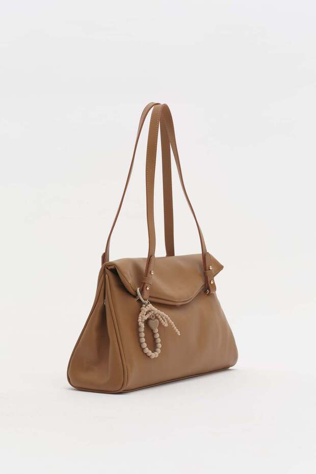 Double Handle Charm Detailed Shopper Bag Brown