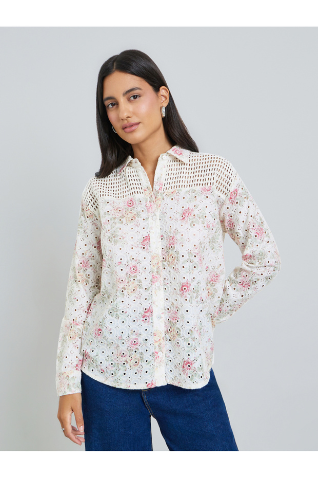 Off White Floral Embroidered Crochet Yoke Shirt