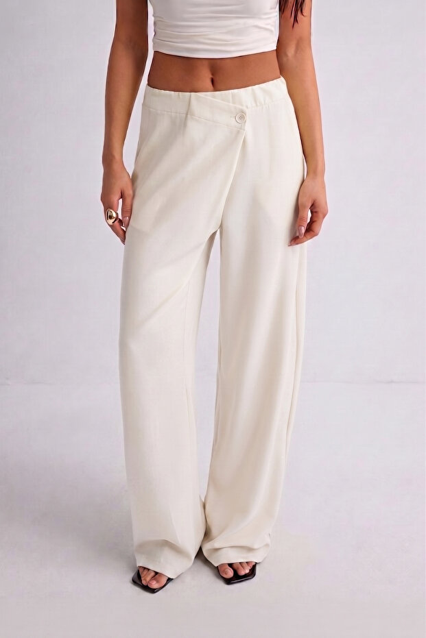 High Waist Button Detailed Wide Leg Stylish Comfortable Women's Trousers
