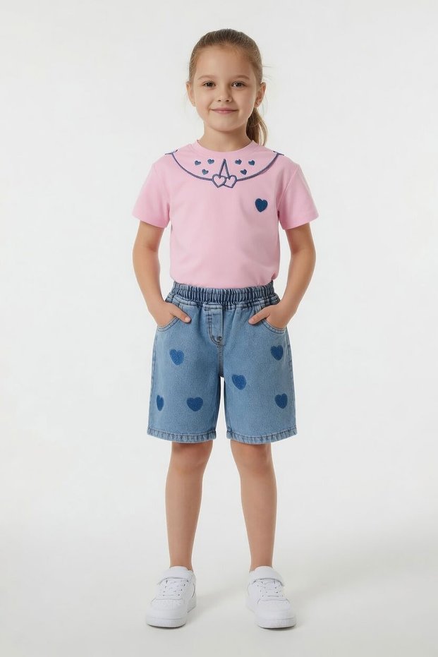 Pink Heart Embroidered Collared T-Shirt and Jean Shorts Girls' Set 24062