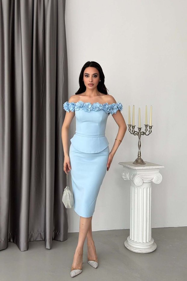 Baby Blue Boat Neck Floral Detailed Midi Evening Dress