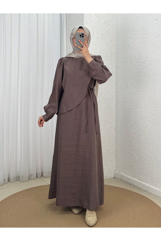 فستان كاناي برباط وحزام - ML2095 بني