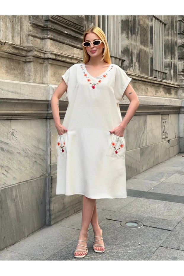 Floral Embroidered Linen Dress with Pocket
