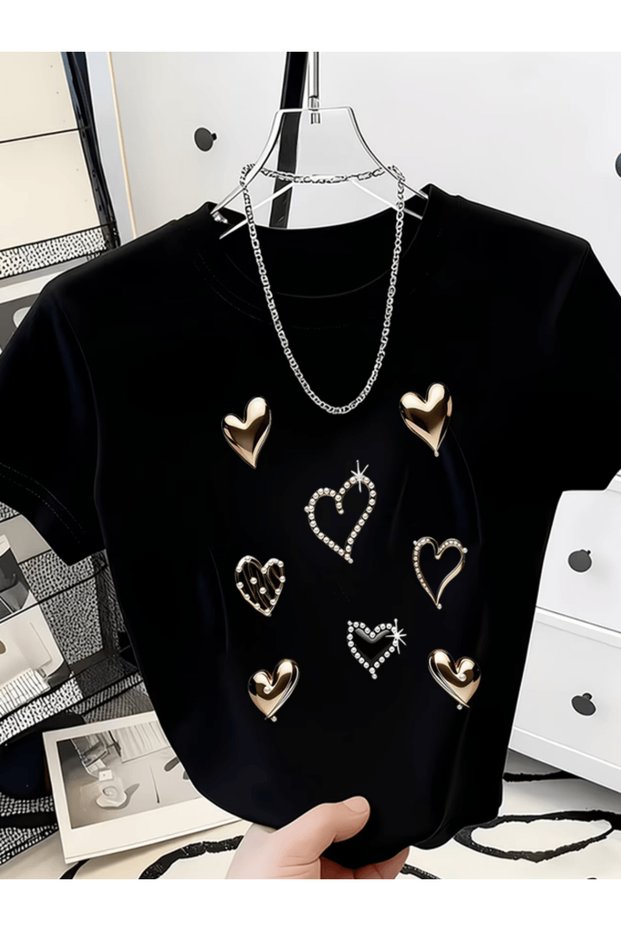 Gold love heart printed premium oversize t-shirt