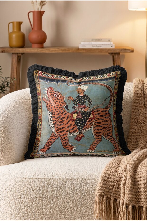 Vintage Miniature Patterned Fringed Throw Pillow Cover with Figure on Tiger - Authentic Fur with Black Tassels