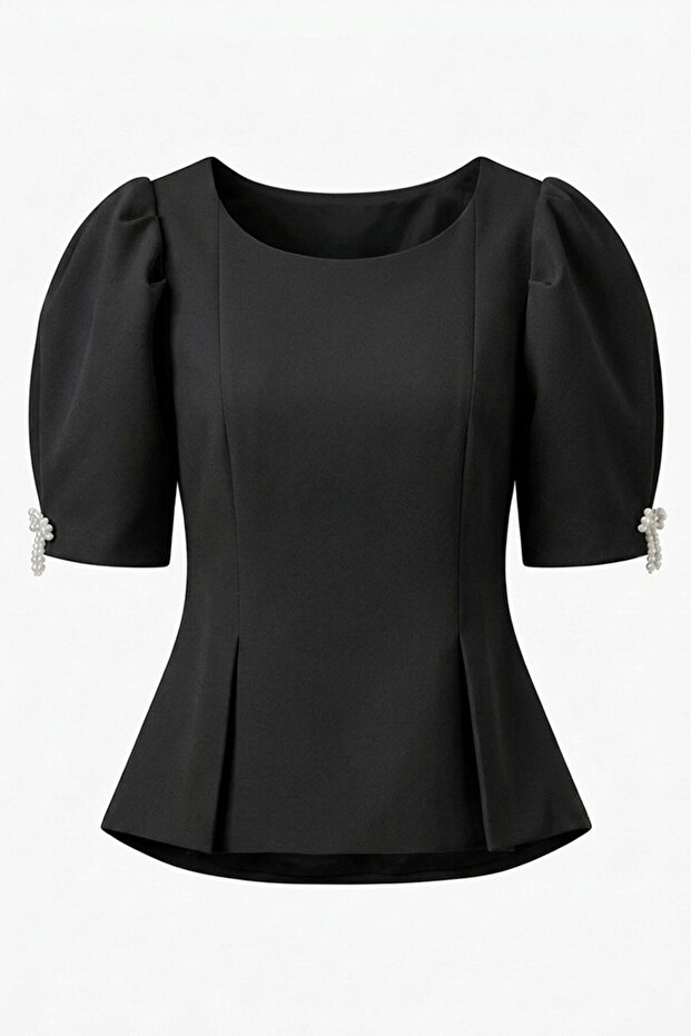 Balloon Sleeve Pearl Detailed Design Blouse - Black