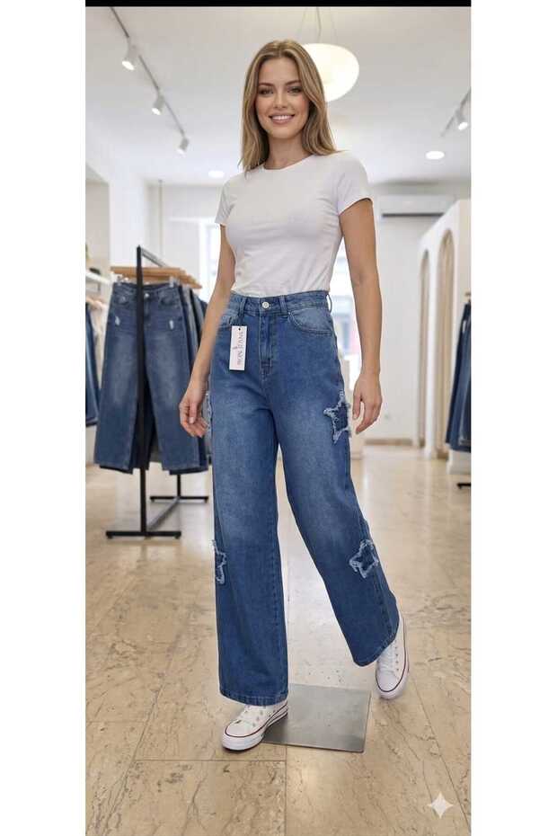 Ara Blue Spray Palazzo Pants with Star Detail (Order One Size Larger for a Comfortable Fit)