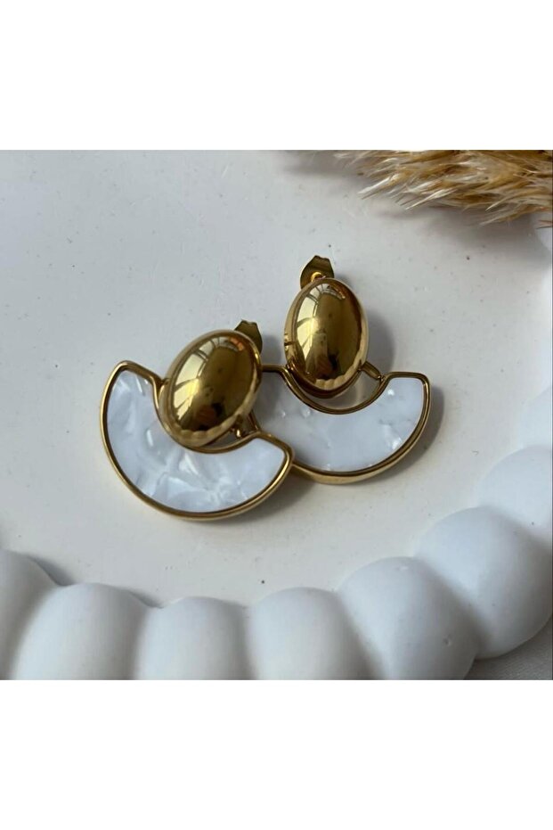 Detailed Dangle Steel Earrings Gold Color Elegant Stylish Design