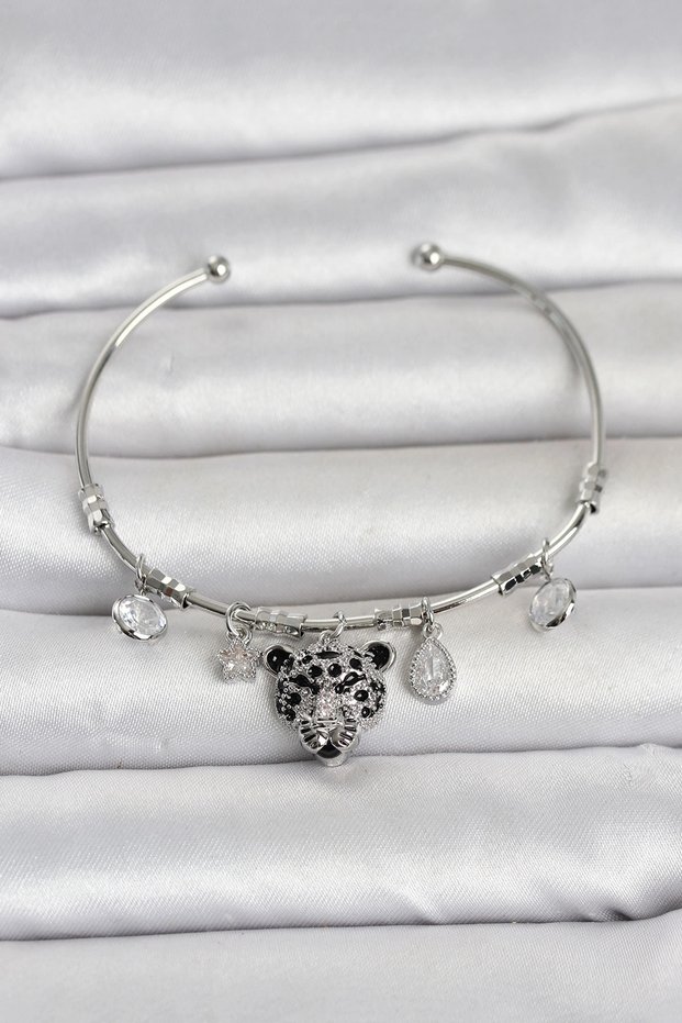 Brass Silver Rk Leopard Detailed Charm Women's Bracelet