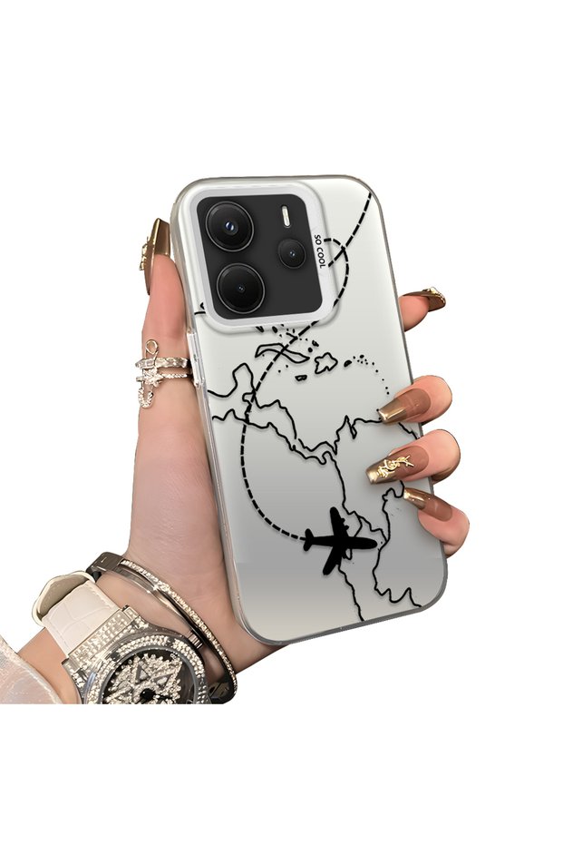 Redmi Note 14 4g Compatible Travel-Themed Map Airplane Printed Shockproof Hard Case