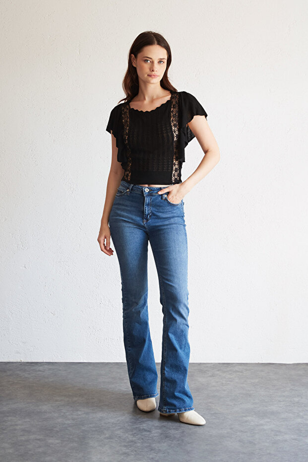 Openwork Lace Detailed Flywheel Sleeve Knitwear Blouse