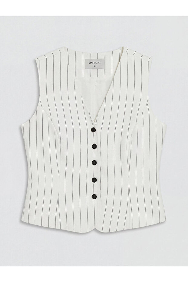 Black V-Neck Striped Women's Classic Vest by Güli̇s Gi̇yi̇m