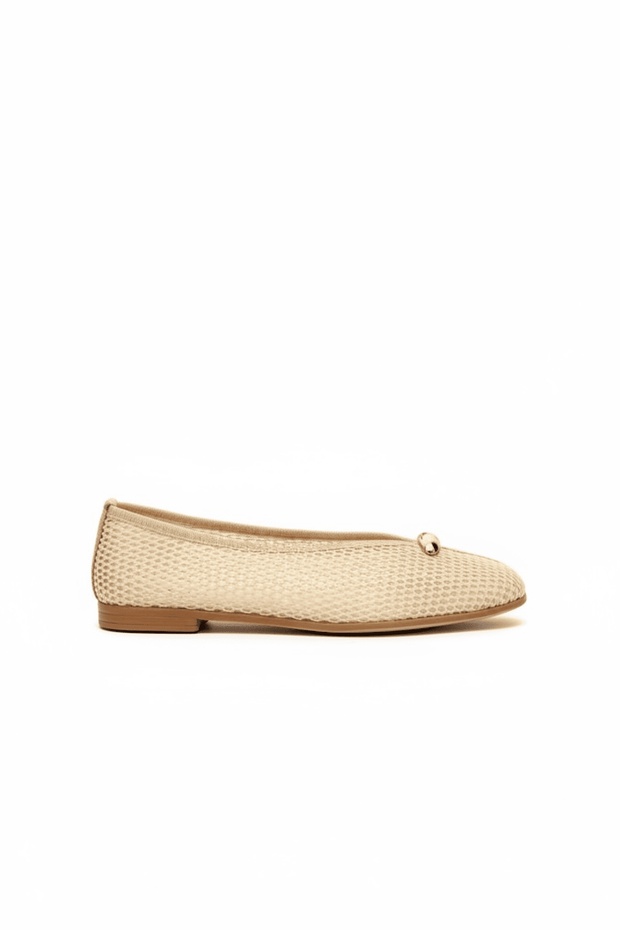 Asien Beige Mesh Gold Buckle Detailed Women's Ballerinas