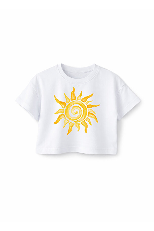 Sun Printed Girls' White 100% Cotton Crew Neck Oversize Basic Short Sleeve Crop T-Shirt for 7-14 Years Old