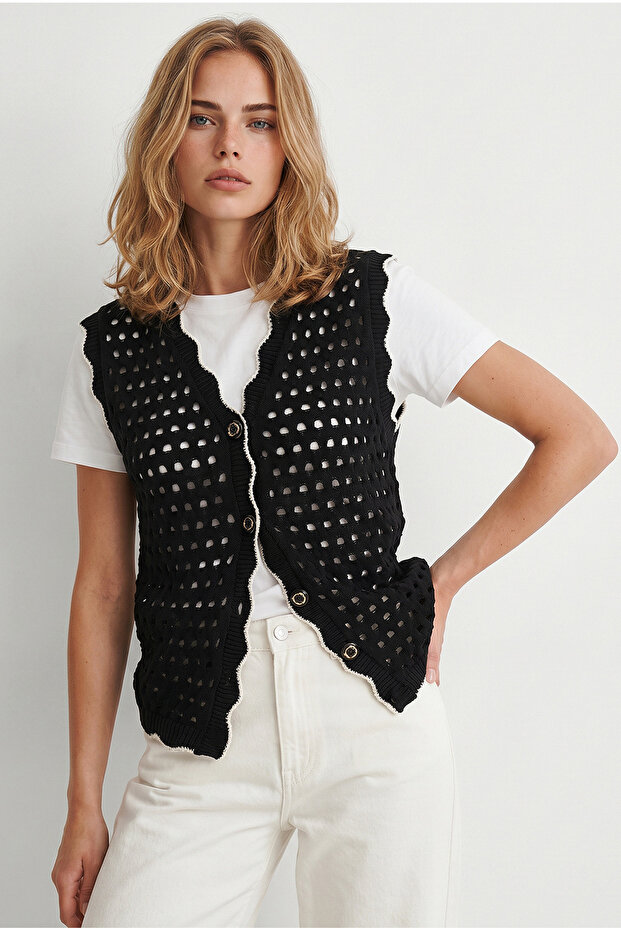Women's Black Crochet Look Openwork Cotton Knitwear Vest Ylk-19000099