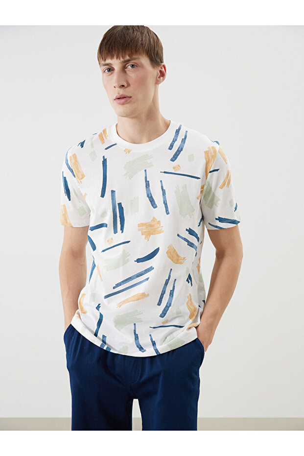 Xside Ecru Crew Neck Printed Combed Cotton Mens T-Shirt
