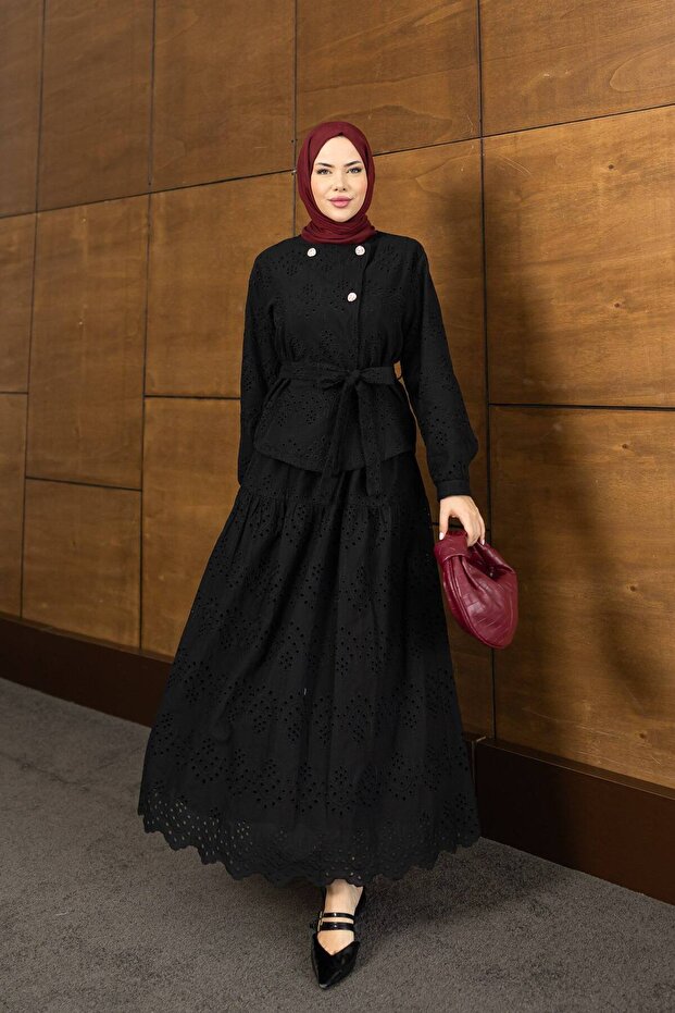 Summer Eyelet Embroidery Modest Set with Stone-Detail Long Skirt