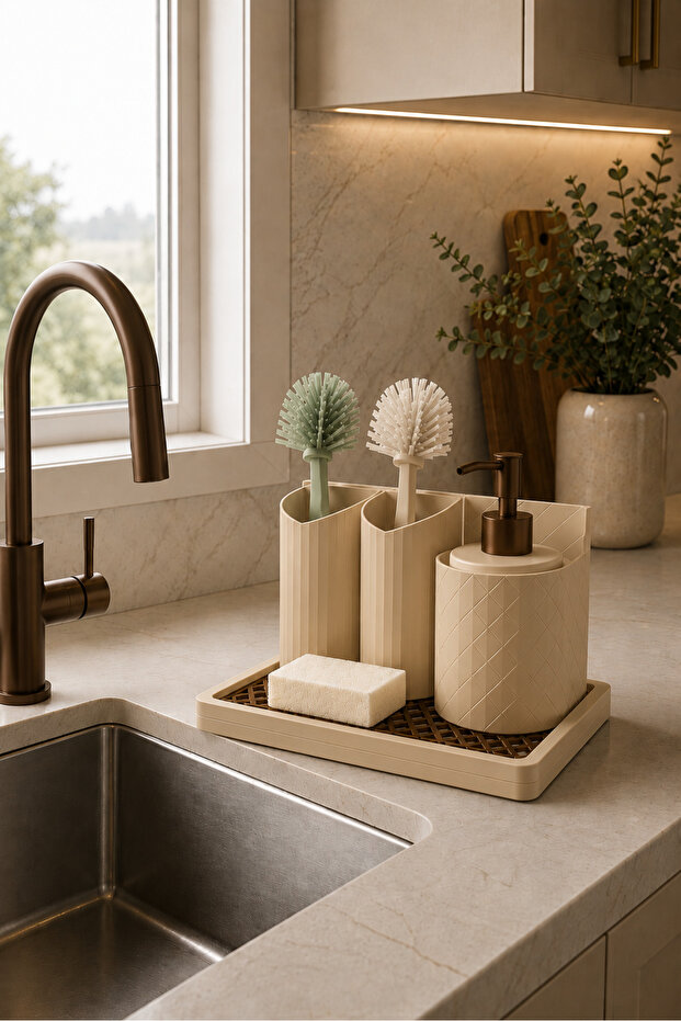 Kitchen Organizer Liquid Soap Dispenser and Sponge Organizer – Dish Sponge, Brush, and Liquid Soap Organizer | Modern Over-The-Sink Organizer