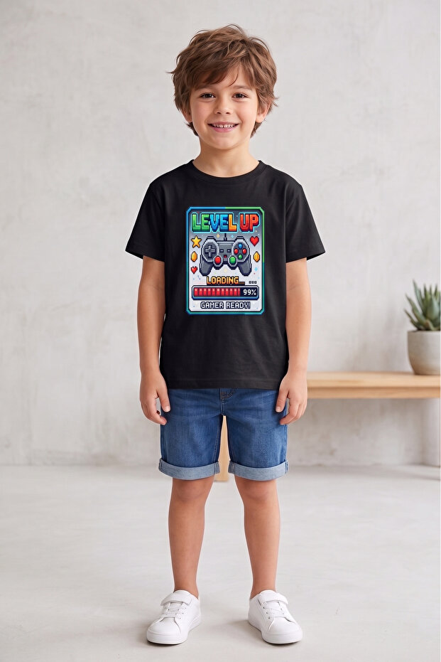 Boy's Black Game Printed T-Shirt - Level up Themed T-Shirt
