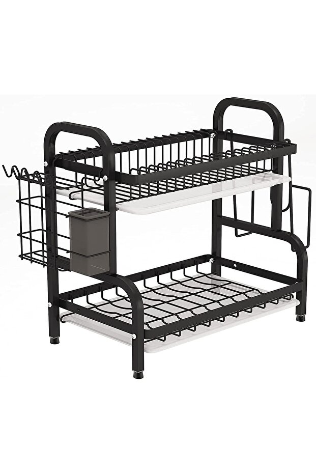 2-Tier Compact Rust-Proof Kitchen Dish Drying Rack with Drainboard Set