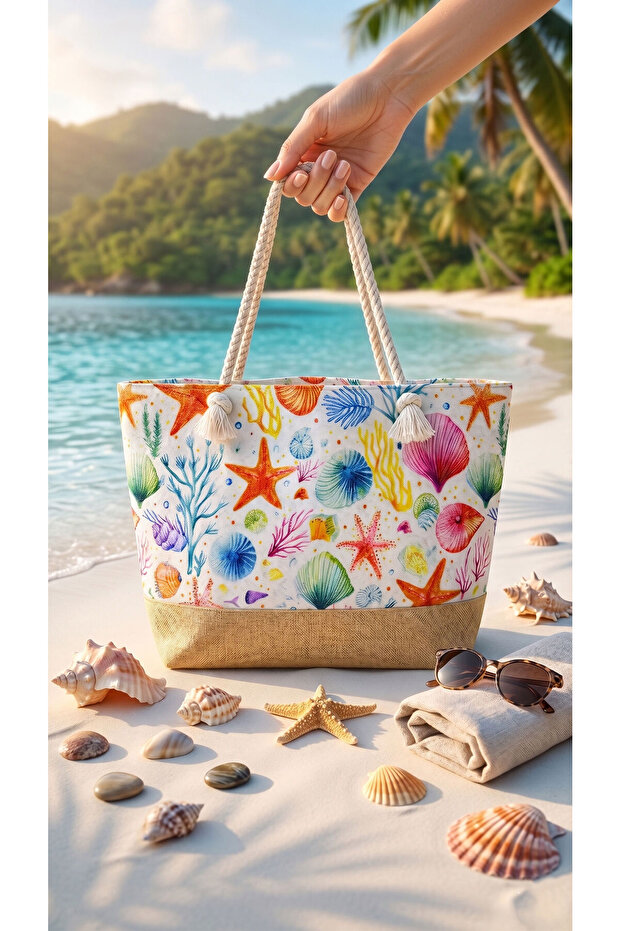 Straw Detailed Patterned Beach Bag -131