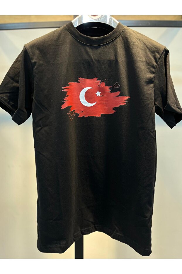 Turkish Flag Printed Black Combed Cotton T-Shirt