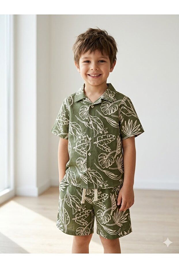 Boys' Khaki Green Leaf Patterned Linen Look Shirt and Shorts Set