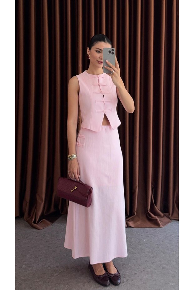 Pink Brit Detailed Vest Skirt Set - 8749