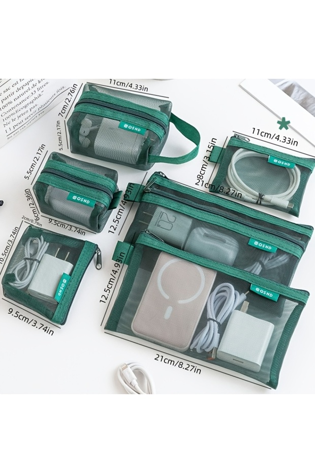green 6Pcs Transparent Mesh Storage Bags, Portable Coin & Small Items Organizer, 3D Card & Cosmetic
