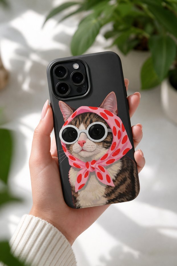 iPhone 15 Pro Max Compatible Launch Silicone Shock-Absorbing Case with Cat Auntie Figure Black