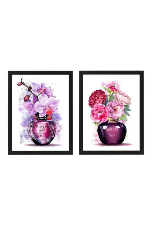 Set of 2, Perfume and Flower Framed Poster 50x40cm - Fashion-Inspired Floral Art for Living Room or Bedroom