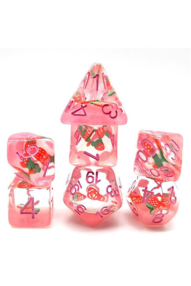 B-HST20 7Pcs/Set DND Dice Transparent Resin Sweet Strawberry Cute Steppe Lion Polyhedral Dice For Ro