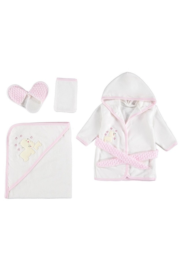 4-Piece Teddy Bear and Heart Embroidered Baby Bathrobe Set with Box