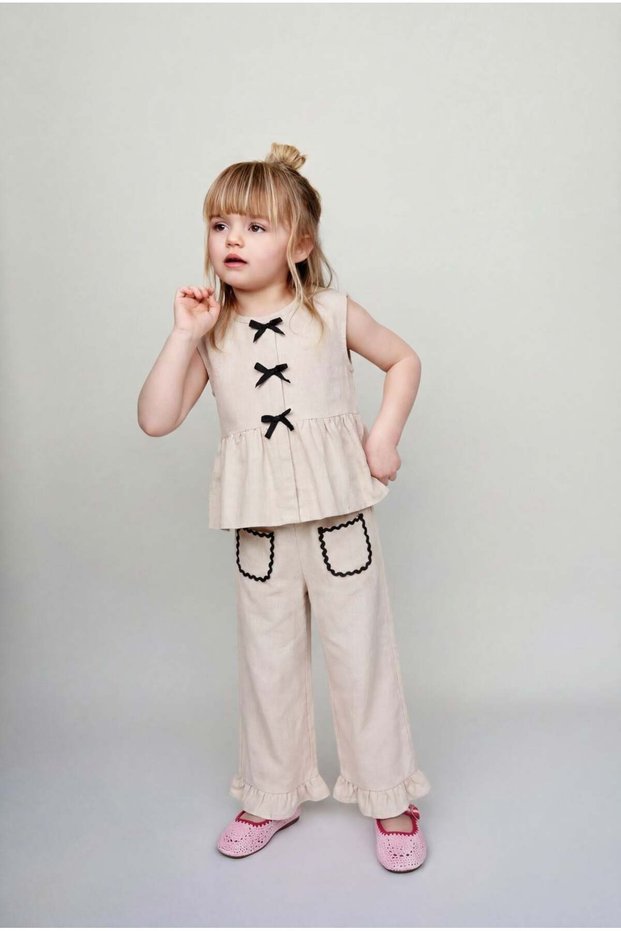 Girl's Cotton Bowknot Blouse and Wide-Leg Pants Set