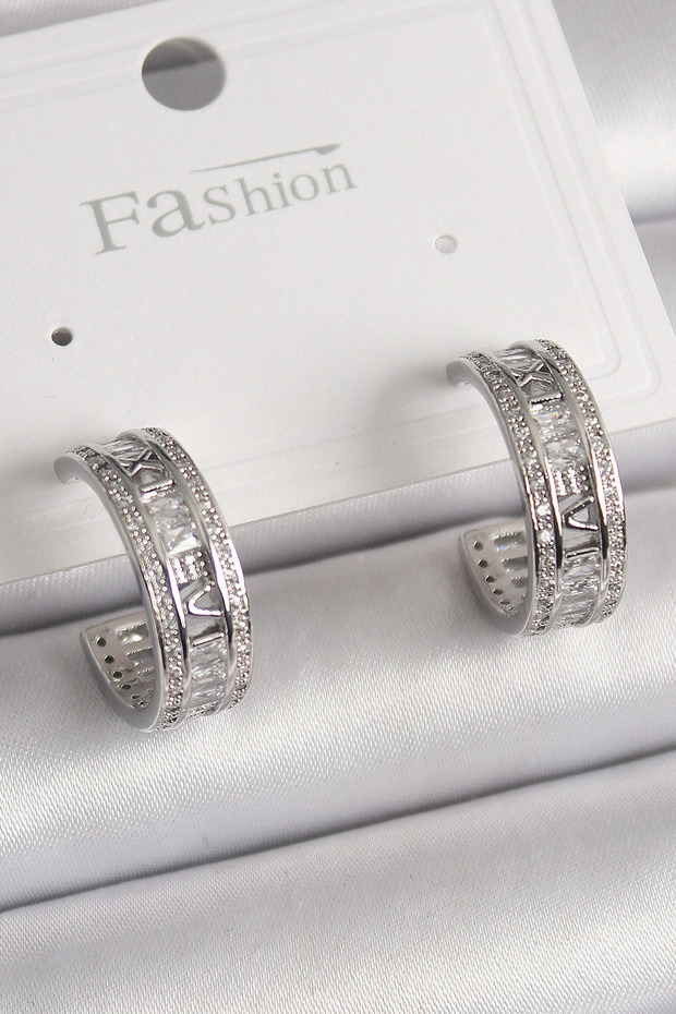 Brass Silver Color Zircon Stone Engraved Detail Hoop Model Women's Earrings 5886 - Teolsa9536-8403