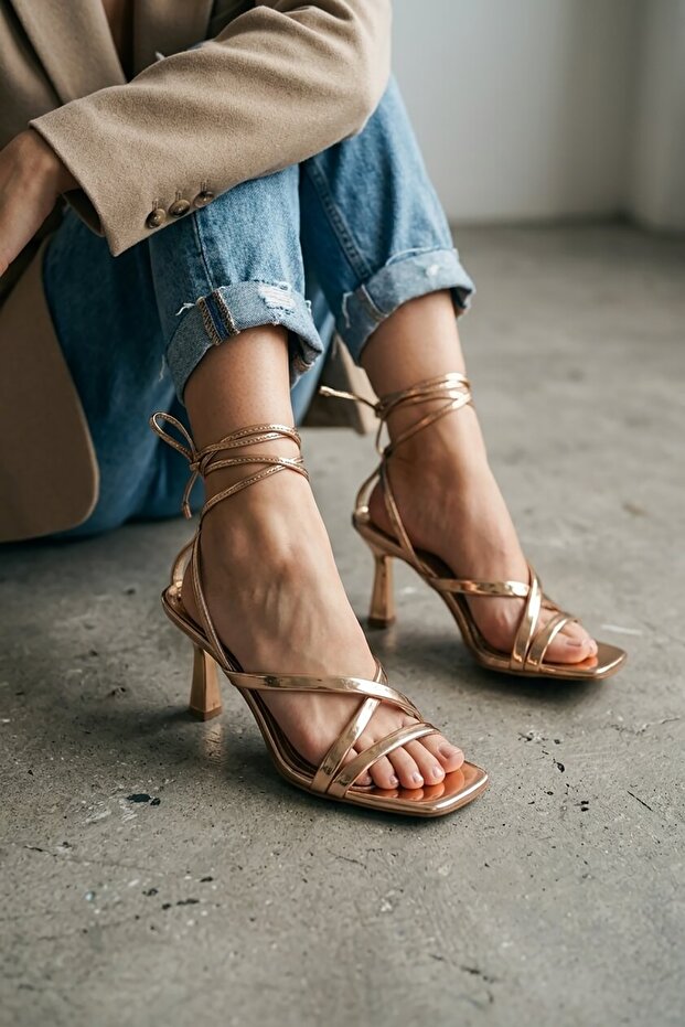 Duna Gold Ribbed Ankle Wrap (8 cm Heel) Daily Use Shoes