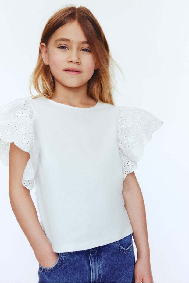 Flutter-sleeved broderie anglaise top