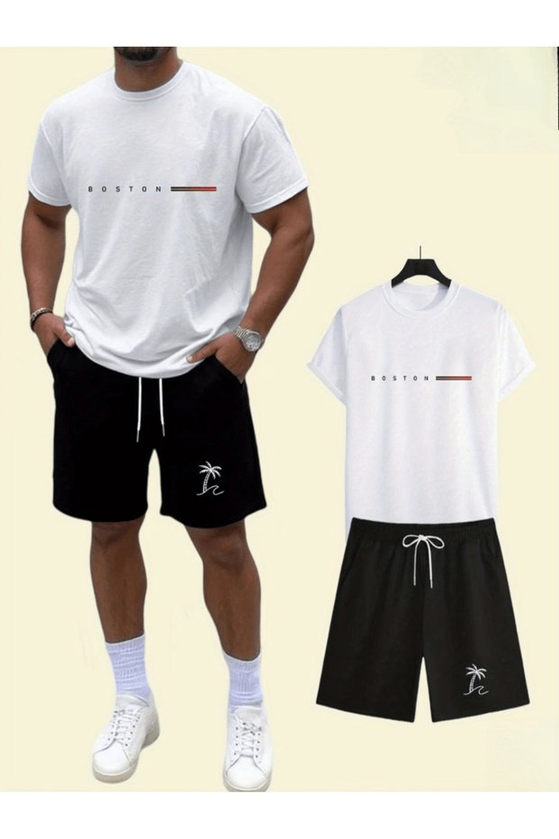 Horizontal paris and palm tree printed women's premium oversize top and bottom set t-shirt and shorts set