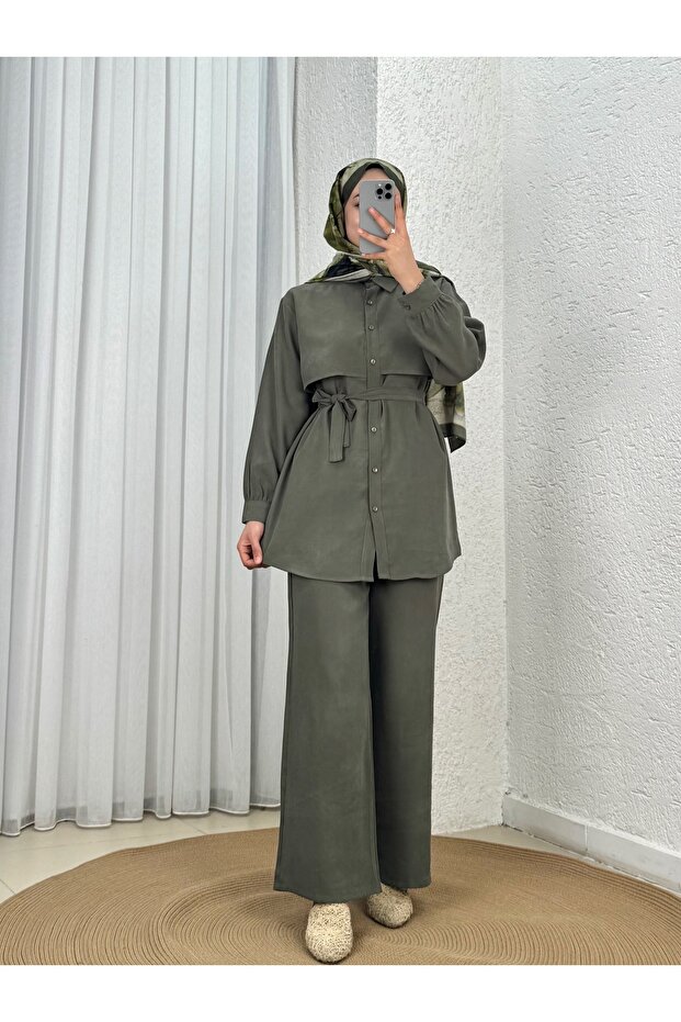 Selenay Bolero Trouser Suit-Na3442 Khaki