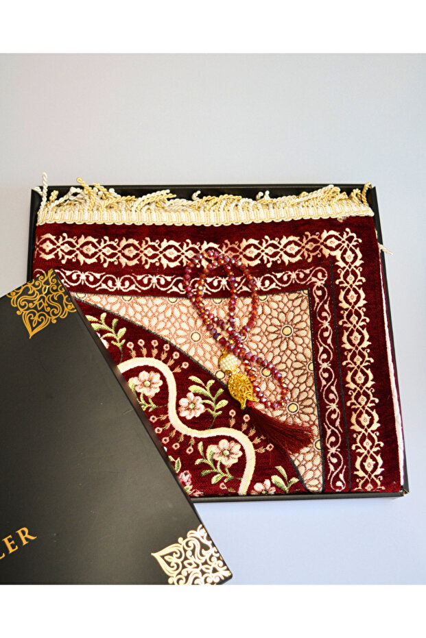 Velvet Lined Prayer Rug and Crystal Prayer Beads in Burgundy Special Boxed Luxury Gift Dowry Set