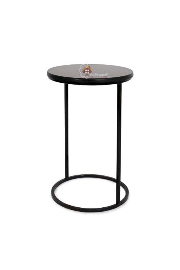Service table, black color, round shape, iron base and black wood top