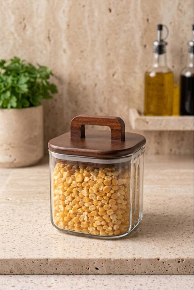 Acacia Handle Glass Jar 700 ml - Vacuum Striped Glass Spice Container Coffee and Legume Container